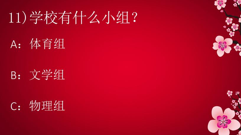 11)学校有什么小组？ A：体育组 B：文学组 C：物理组