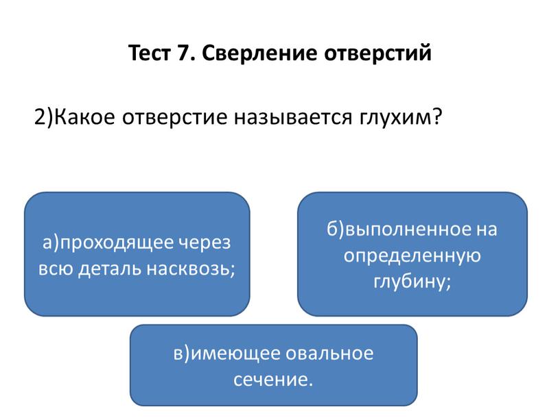 Тест 7. Сверление отверстий 2)Какое отверстие называется глухим? а)проходящее через всю деталь насквозь; в)имеющее овальное сечение