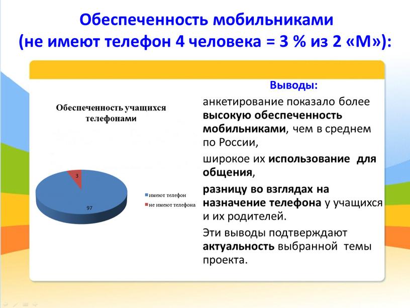 Обеспеченность мобильниками (не имеют телефон 4 человека = 3 % из 2 «М»):