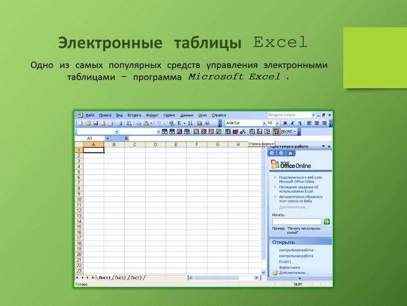 Электронные таблицы Excel Одно из самых популярных средств управления электронными таблицами - программа