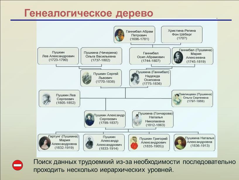 Генеалогическое дерево Поиск данных трудоемкий из-за необходимости последовательно проходить несколько иерархических уровней