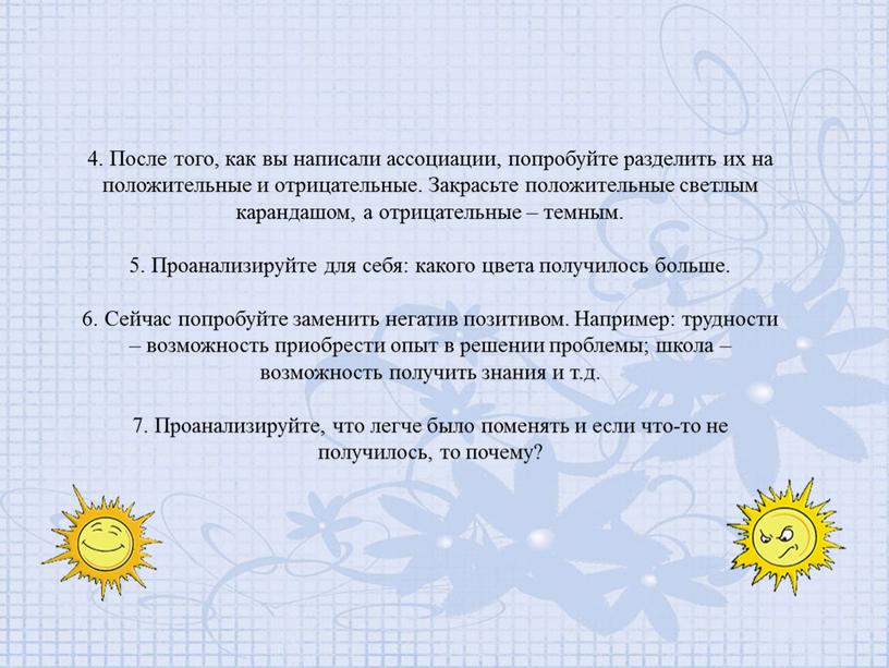 После того, как вы написали ассоциации, попробуйте разделить их на положительные и отрицательные