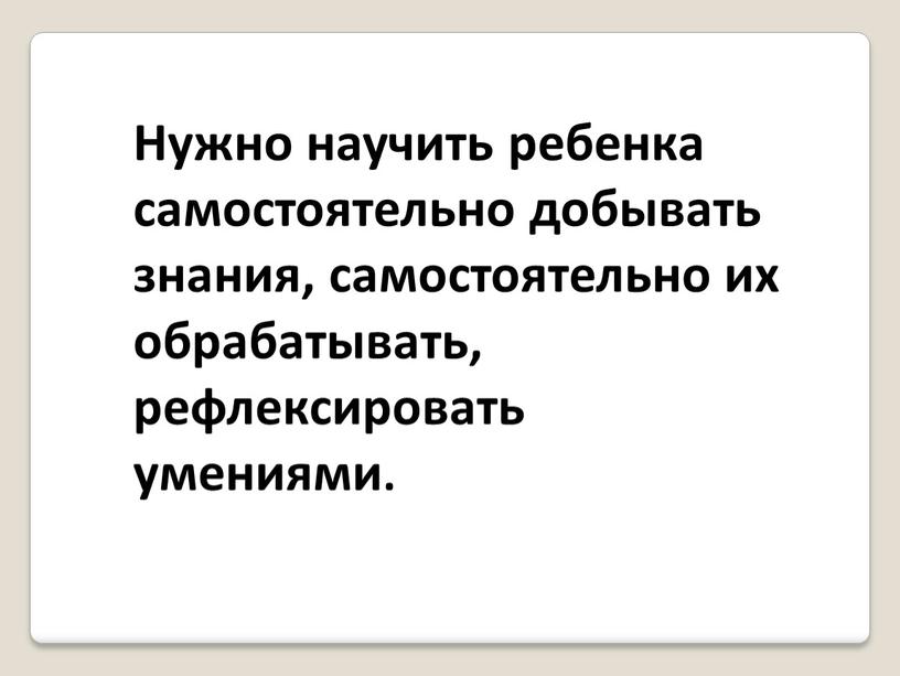 Нужно научить ребенка самостоятельно добывать знания, самостоятельно их обрабатывать, рефлексировать умениями