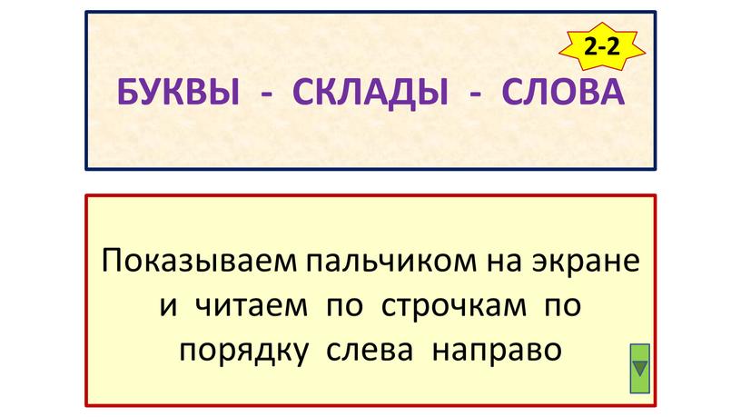 БУКВЫ - СКЛАДЫ - СЛОВА Показываем пальчиком на экране и читаем по строчкам по порядку слева направо 2-2