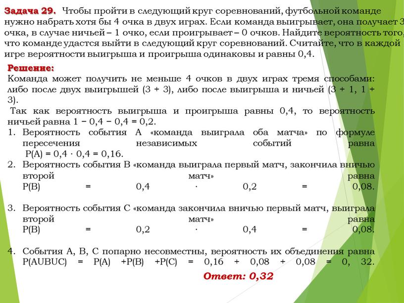 Решение: Команда может получить не меньше 4 очков в двух играх тремя способами: либо после двух выигрышей (3 + 3), либо после выигрыша и ничьей…