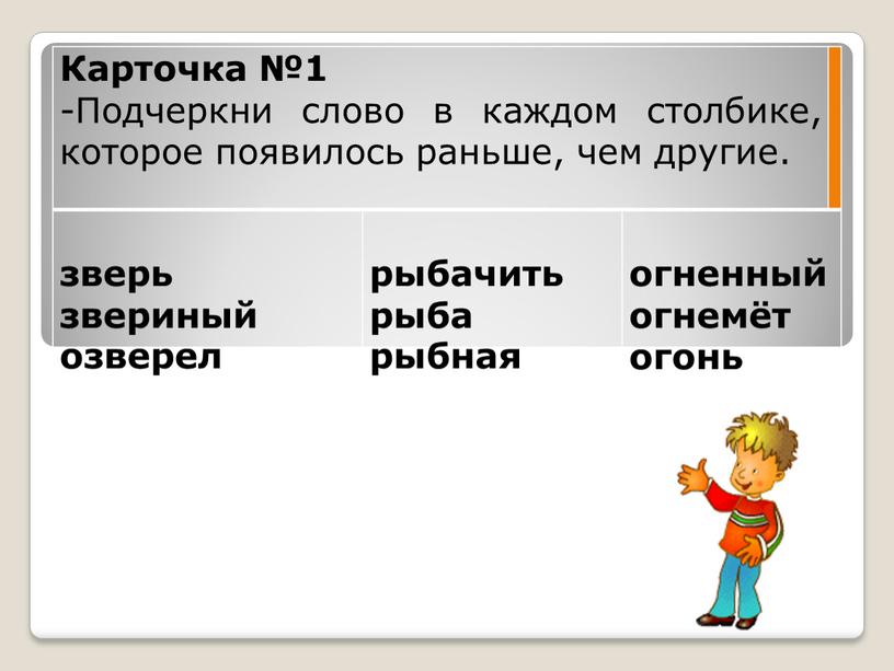 Карточка №1 -Подчеркни слово в каждом столбике, которое появилось раньше, чем другие