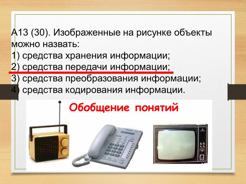 А13 (30). Изображенные на рисунке объекты можно назвать: 1) средства хранения информации; 2) средства передачи информации; 3) средства преобразования информации; 4) средства кодирования информации