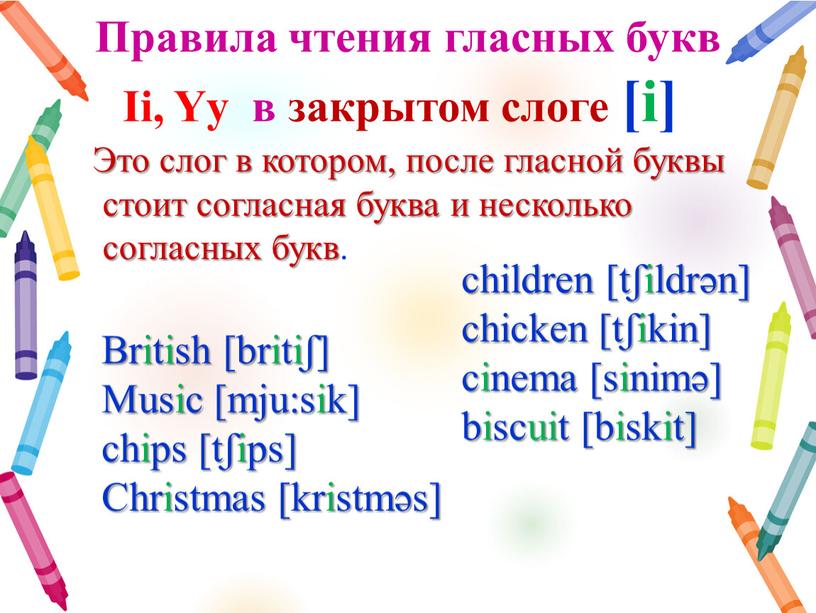 Правила чтения гласных букв Ii,