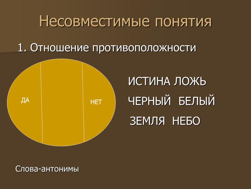 Несовместимые понятия 1. Отношение противоположности