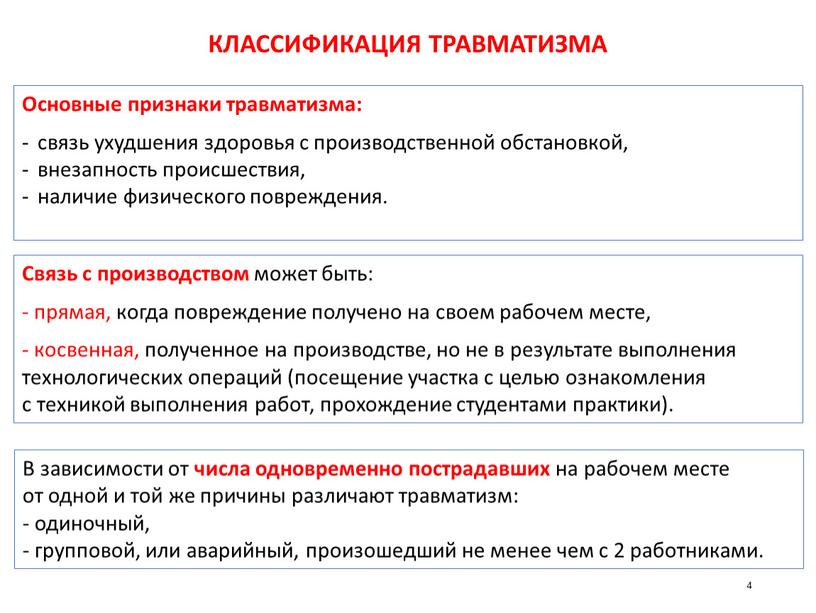 КЛАССИФИКАЦИЯ ТРАВМАТИЗМА Основные признаки травматизма: связь ухудшения здоровья с производственной обстановкой, внезапность происшествия, наличие физического повреждения