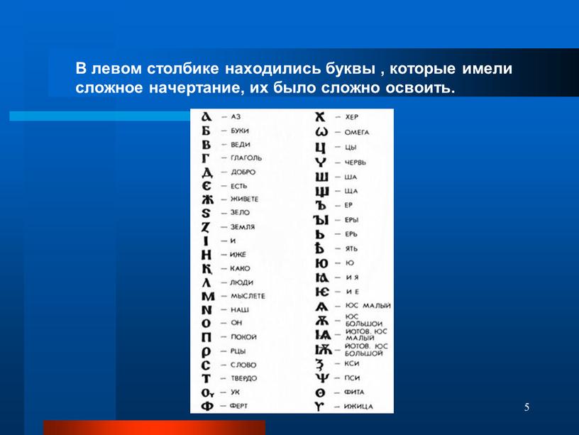 В левом столбике находились буквы , которые имели сложное начертание, их было сложно освоить