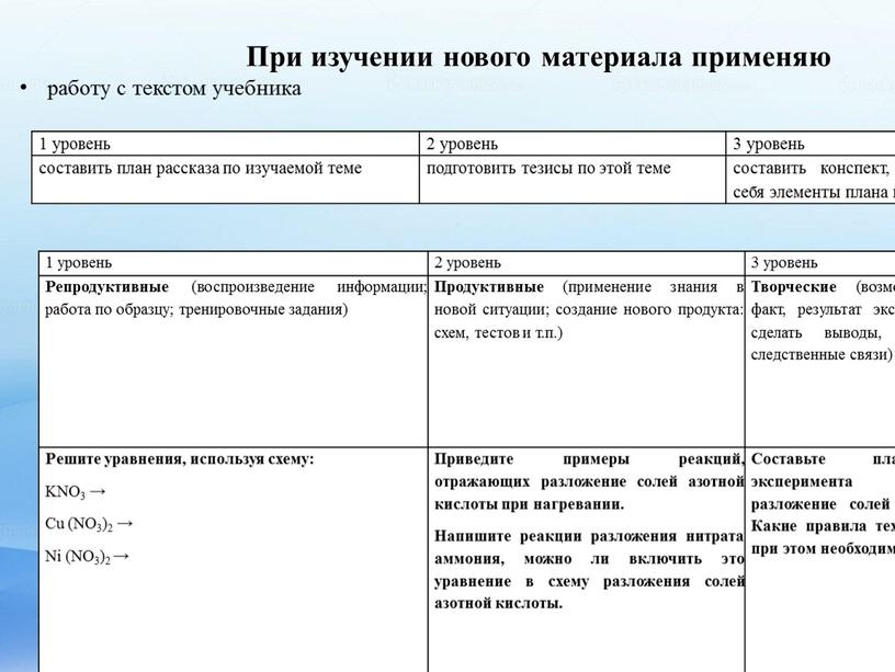 При изучении нового материала применяю работу с текстом учебника 1 уровень 2 уровень 3 уровень составить план рассказа по изучаемой теме подготовить тезисы по этой…