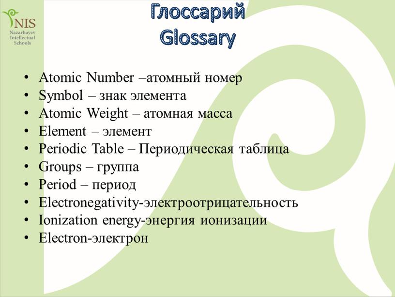 Глоссарий Glossary Atomic Number –атомный номер