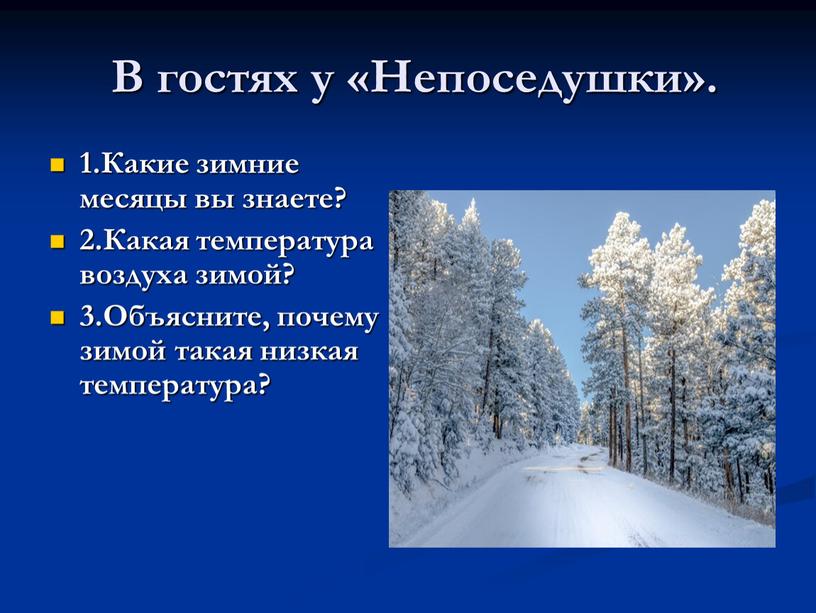 В гостях у «Непоседушки». 1.Какие зимние месяцы вы знаете? 2