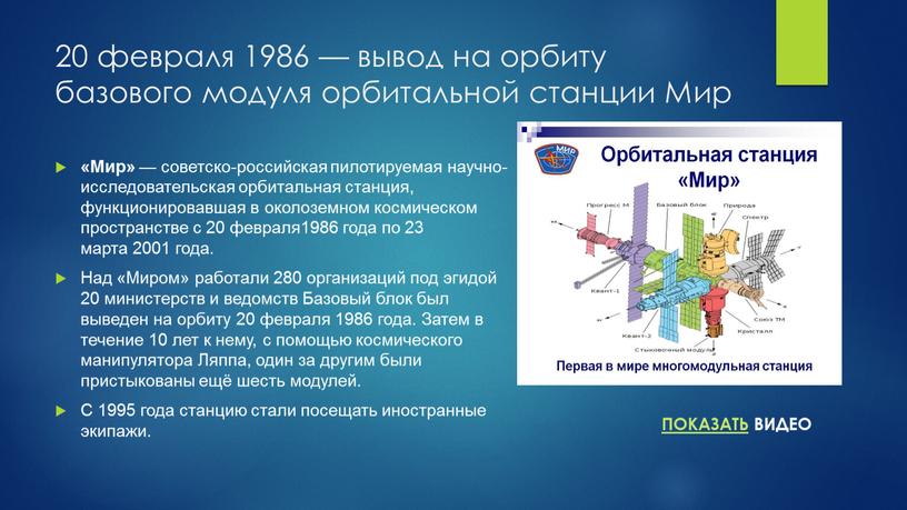 Мир «Мир» — советско-российская пилотируемая научно-исследовательская орбитальная станция, функционировавшая в околоземном космическом пространстве с 20 февраля1986 года по 23 марта 2001 года