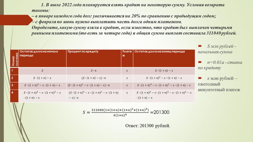 В июле 2022 года планируется взять кредит на некоторую сумму