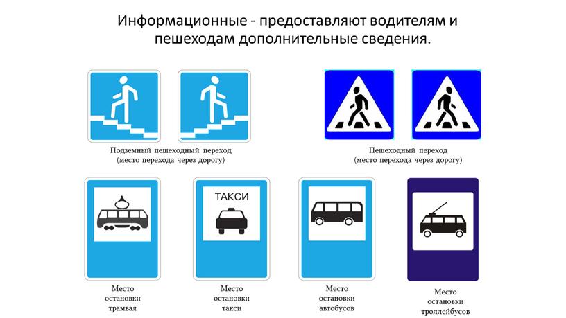 Информационные - предоставляют водителям и пешеходам дополнительные сведения