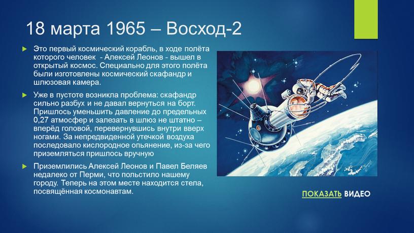 Восход-2 Это первый космический корабль, в ходе полёта которого человек -