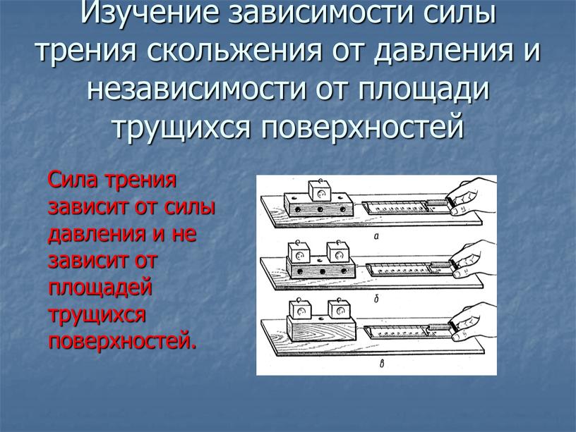 Изучение зависимости силы трения скольжения от давления и независимости от площади трущихся поверхностей