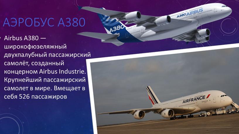 АЭРОБУС А380 Airbus А380 — широкофюзеляжный двухпалубный пассажирский самолёт, созданный концерном