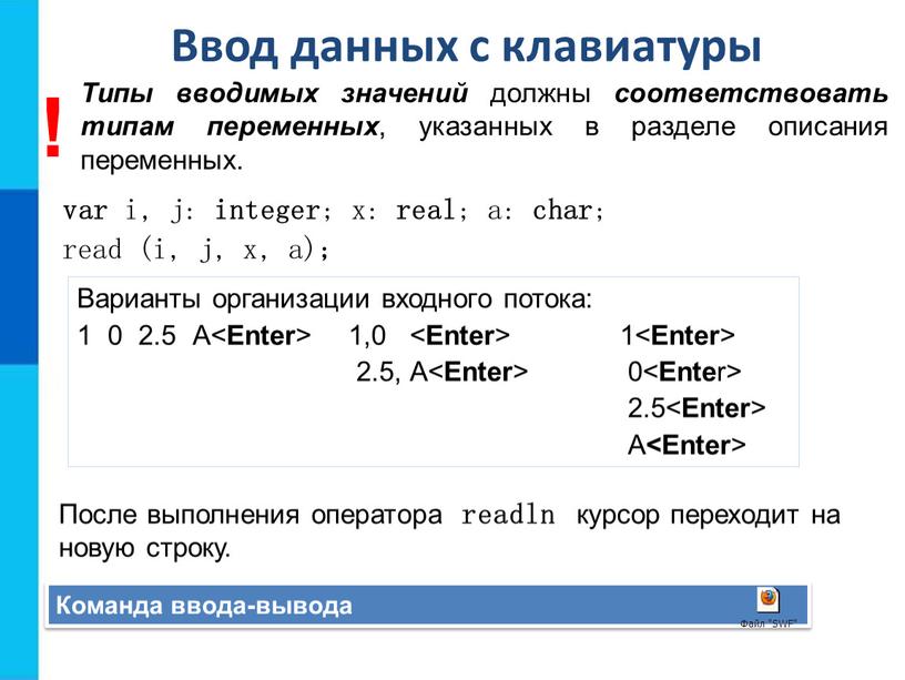 Ввод данных с клавиатуры Команда ввода-вывода var i, j: integer ; x: real ; a: char ; read (i, j, x, a) ;