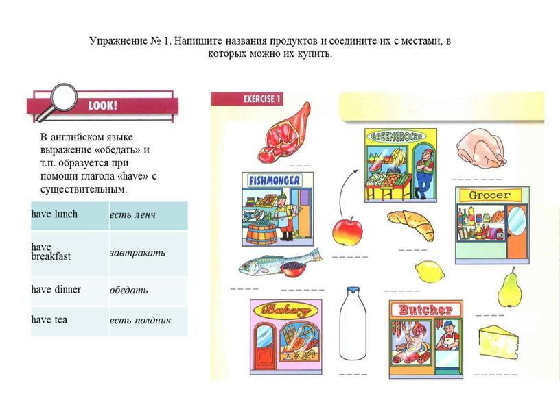 Упражнение № 1. Напишите названия продуктов и соедините их с местами, в которых можно их купить