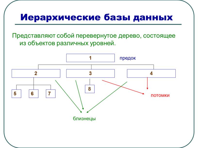 Иерархические базы данных Представляют собой перевернутое дерево, состоящее из объектов различных уровней