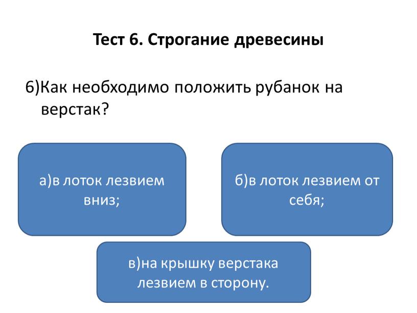 Тест 6. Строгание древесины 6)Как необходимо положить рубанок на верстак? а)в лоток лезвием вниз; в)на крышку верстака лезвием в сторону