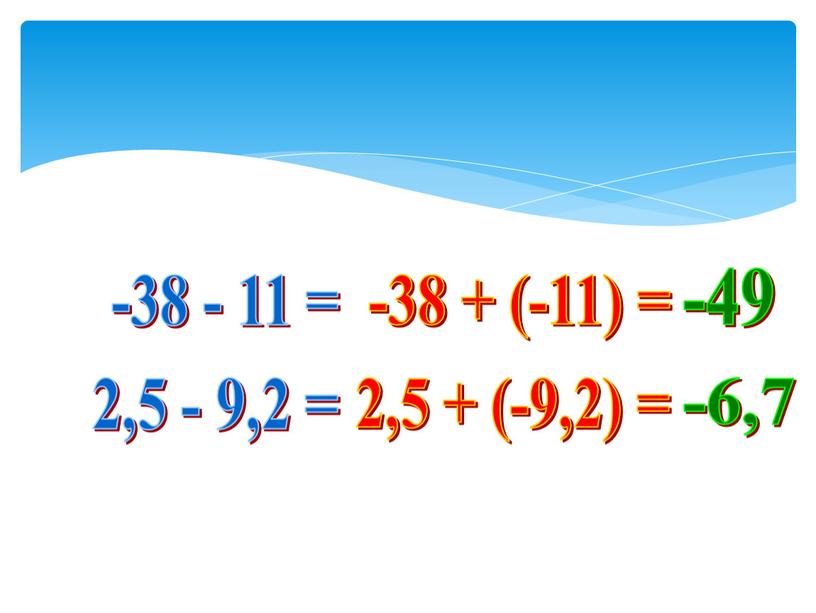 2,5 - 9,2 = -38 + (-11) = -49 -38 - 11 = 2,5 + (-9,2) = -6,7