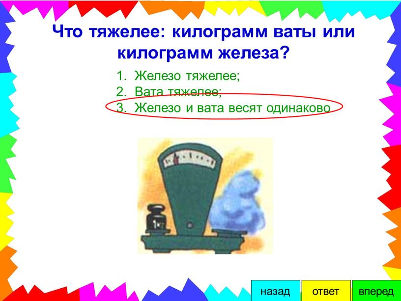 Что тяжелее: килограмм ваты или килограмм железа? 1