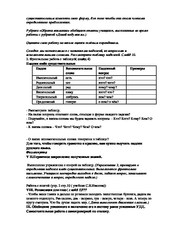 Открытый урок по русскому языку 3 класс «Изменение имён существительных по падежам (склонение)»