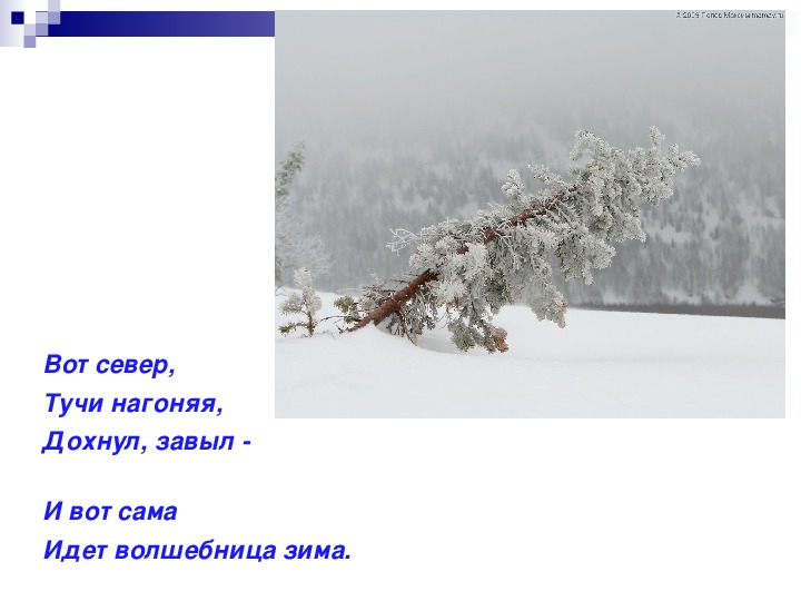 Вот ветер нагоняя. Вот Север тучи нагоняя Дохнул завыл и вот сама идет волшебница зима. Вот Север тучи. И вот сама идет волшебница зима. Вот Север.