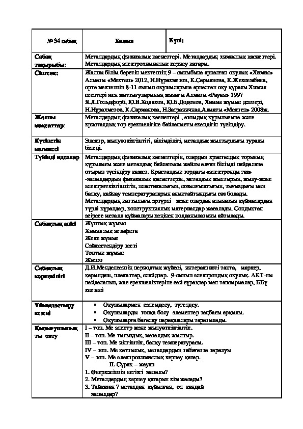 Урок по химии на тему "Металдардың физикалық қасиеттері. Металдардың химиялық қасиеттері. "9 класс