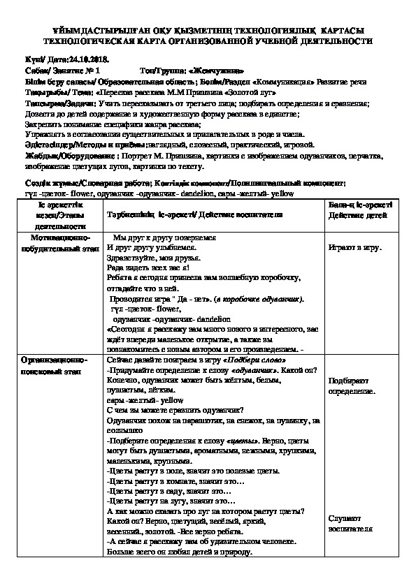 Конспект урока пришвин золотой луг 2 класс