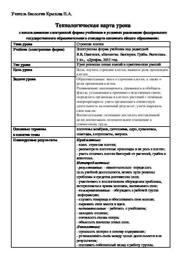 Технологическая карта урока  с использованием электронной формы учебников в условиях реализации федерального государственного образовательного стандарта основного общего образования