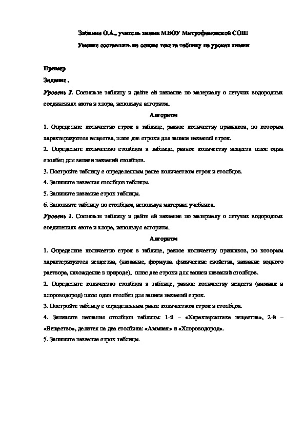 Обложка для материала Умение составлять на основе текста таблицу на уроках химии