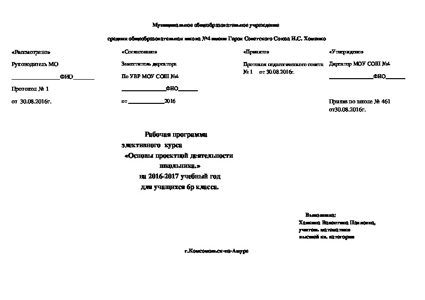 Рабочая программа         элективного  курса    «Основы проектной деятельности   школьника.»