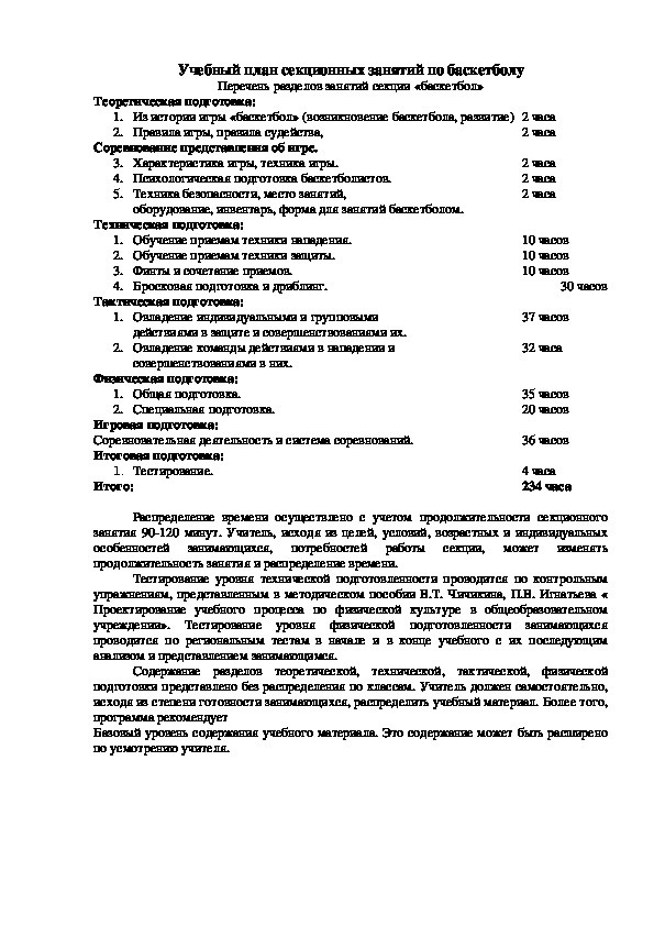 План конспект учебно тренировочного занятия по баскетболу