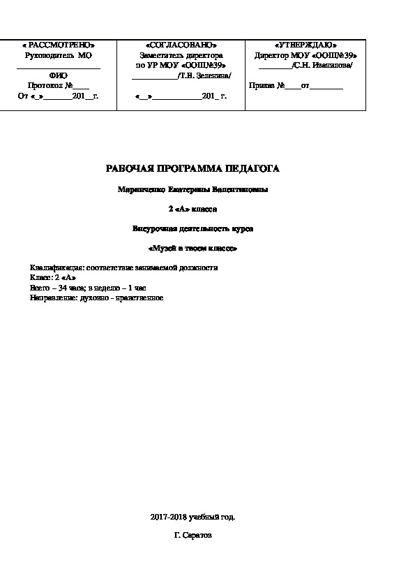 Рабочая программа Музей в твоем классе ПНШ