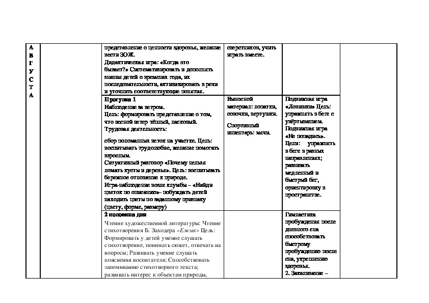 Календарный план на тему лето