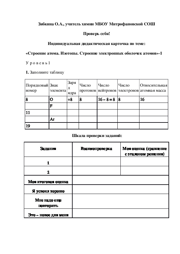 Обложка для материала Проверь себя! Индивидуальная дидактическая карточка по теме: «Строение атома. Изотопы. Строение электронных оболочек атомов»-1