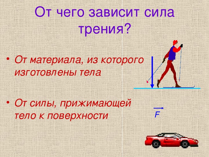 Сила трения зависит от силы прижимающей тело к поверхности на рисунке