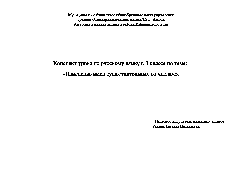Обложка для материала Открытый урок русского языка в 3 классе по теме "Изменение имен существительных по числам"