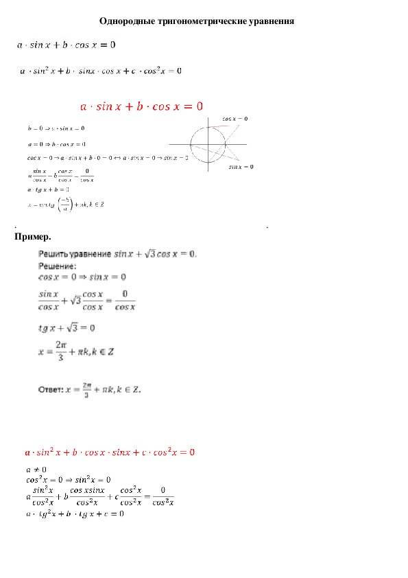 Опорный конспект по алгебре по теме «Однородные тригонометрические уравнения» (10 класс)