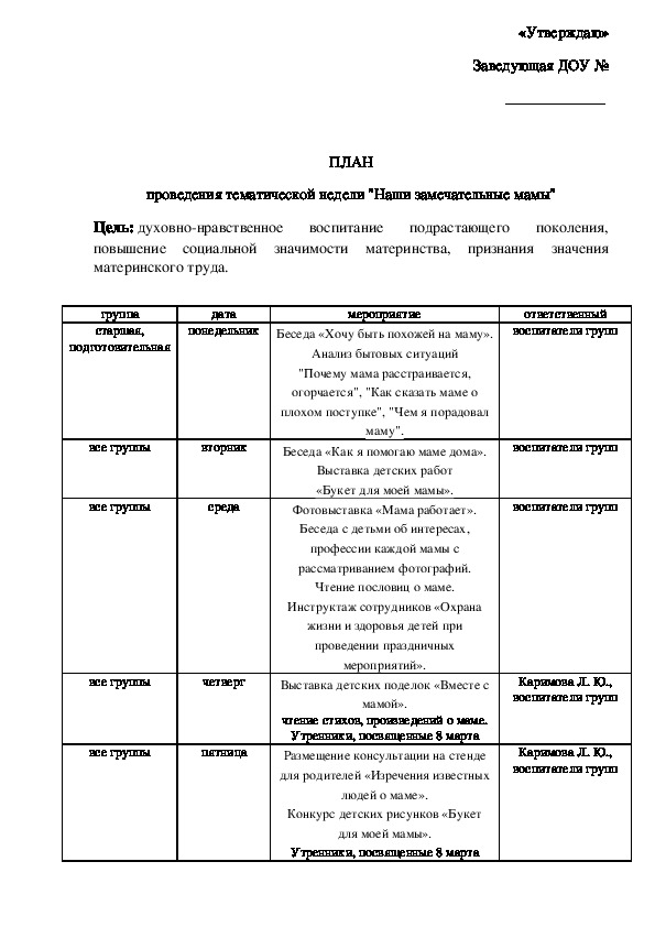 План тематической недели в детском саду "Наши замечательные мамы"