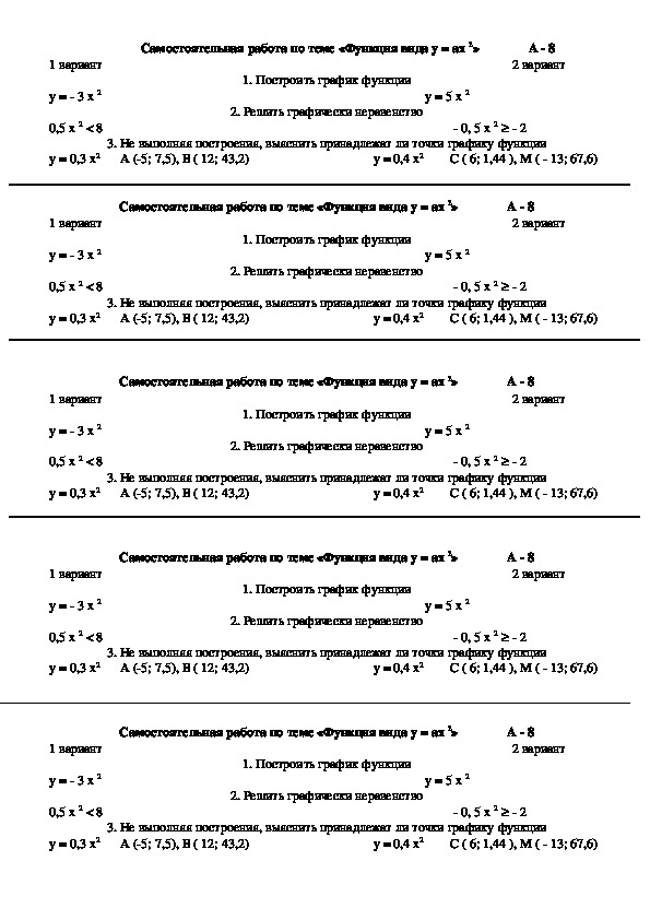 Самостоятельная работа по алгебре "Квадратичная функция" (8 класс)