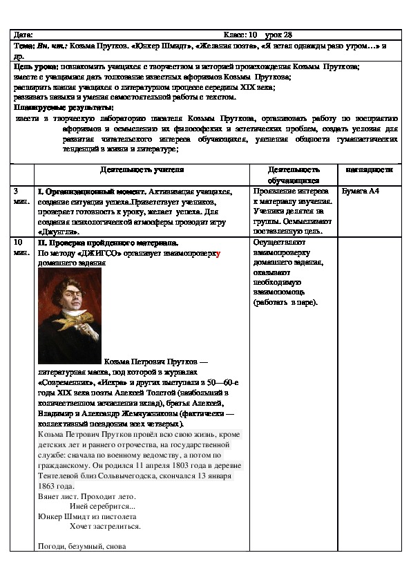Русская литература 10 класс Вн. чт.: Козьма Прутков. «Юнкер Шмидт», «Желания поэта», «Я встал однажды рано утром…» и др.