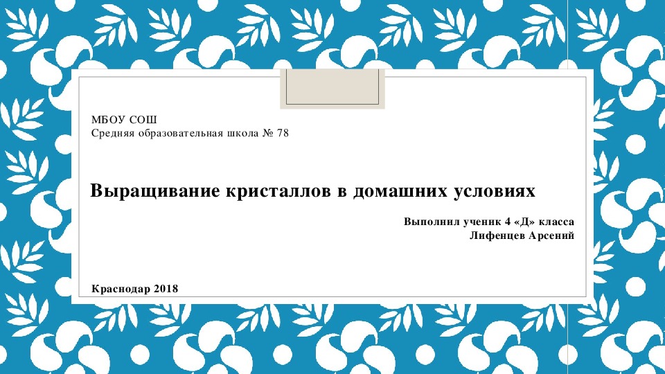 " Выращивание кристаллов в домашних условиях"Лифенцев Арсений ученик МБОУ СОШ №78 города Краснодара.