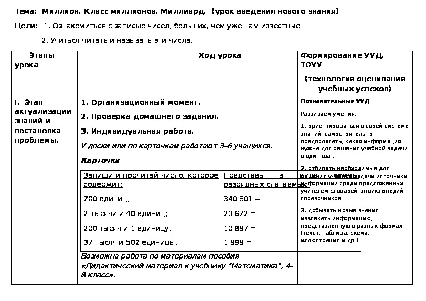 Конспект урока по математике на тему "Миллион. Класс миллионов. Миллиард."