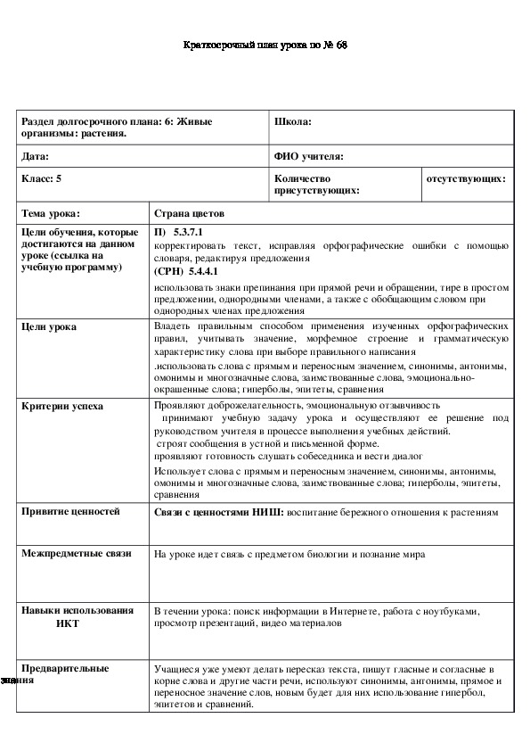 Обложка для материала Русский язык 5 класс Тема урока: 	"Страна цветов"